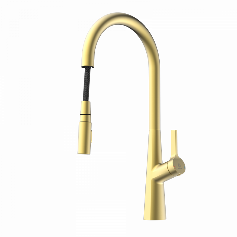 WK 9 Sphere in gold look, Kitchen Faucet with arched spout and pull-out spray