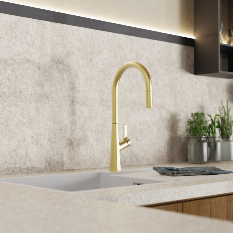 WK 9 Sphere in gold look, Kitchen Faucet with arched spout and pull-out spray