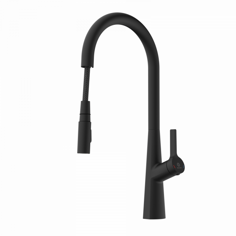 WK 9 Sphere in black, Kitchen Faucet with arched spout and pull-out spray