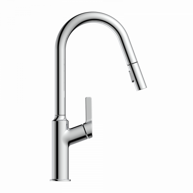 WK 12 in chrome, Kitchen Faucet with curved spout and pull-down spray