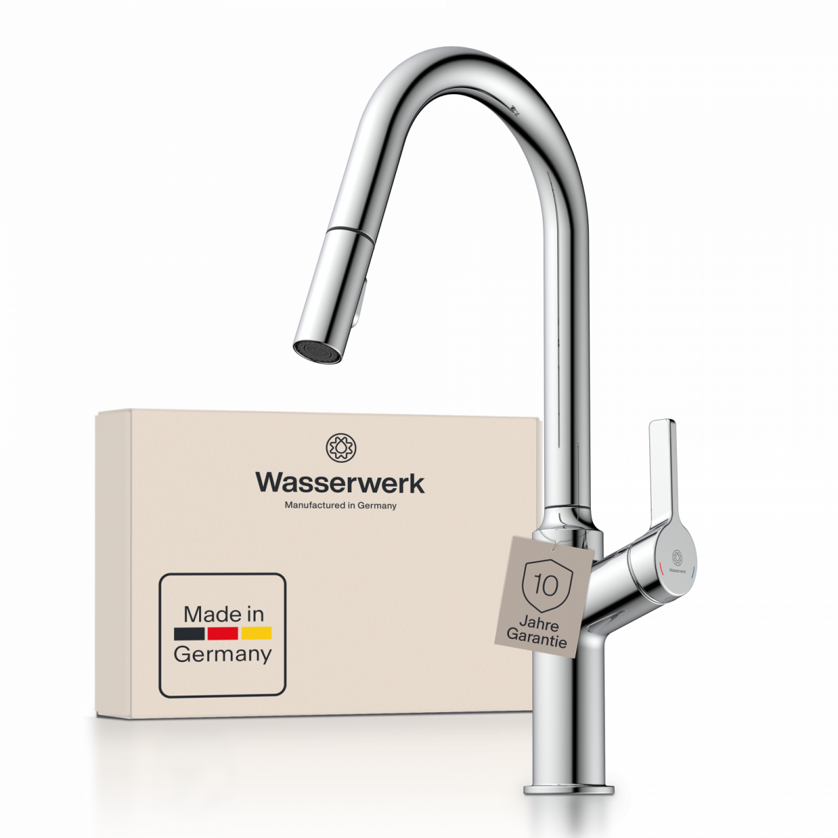 WK 12 in chrome, Kitchen Faucet with curved spout and pull-down spray