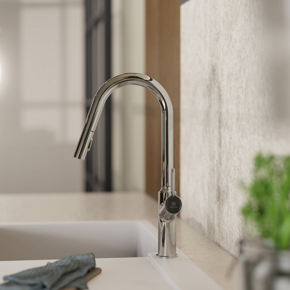 WK 12 in chrome, Kitchen Faucet with curved spout and pull-down spray