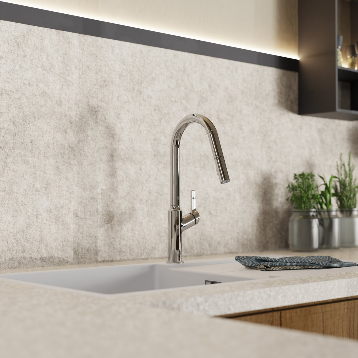 WK 12 in chrome, Kitchen Faucet with curved spout and pull-down spray