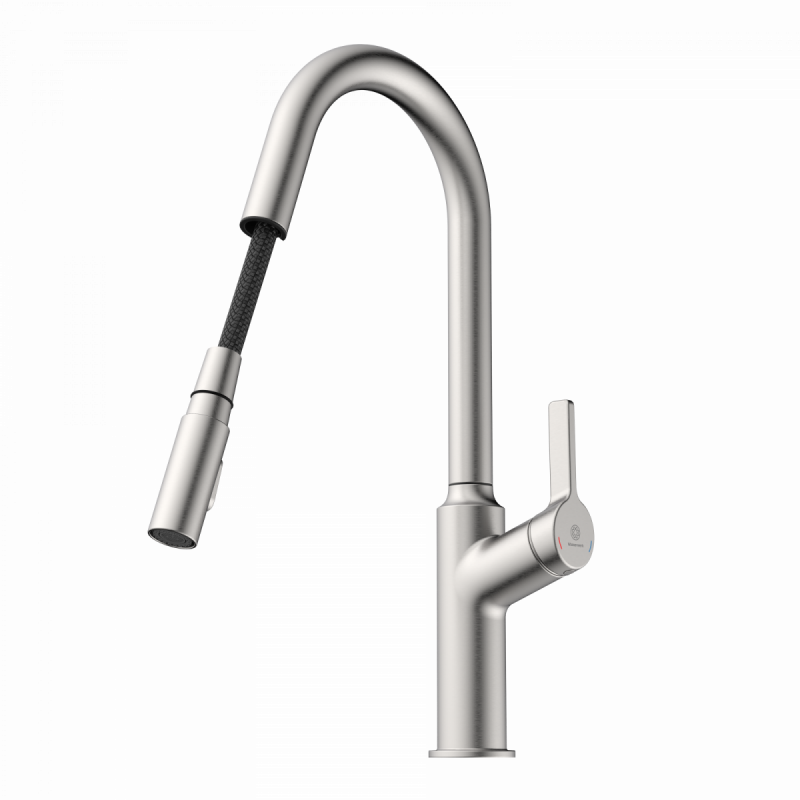 WK 12 in stainless steel look, Kitchen Faucet with curved spout and pull-down spray