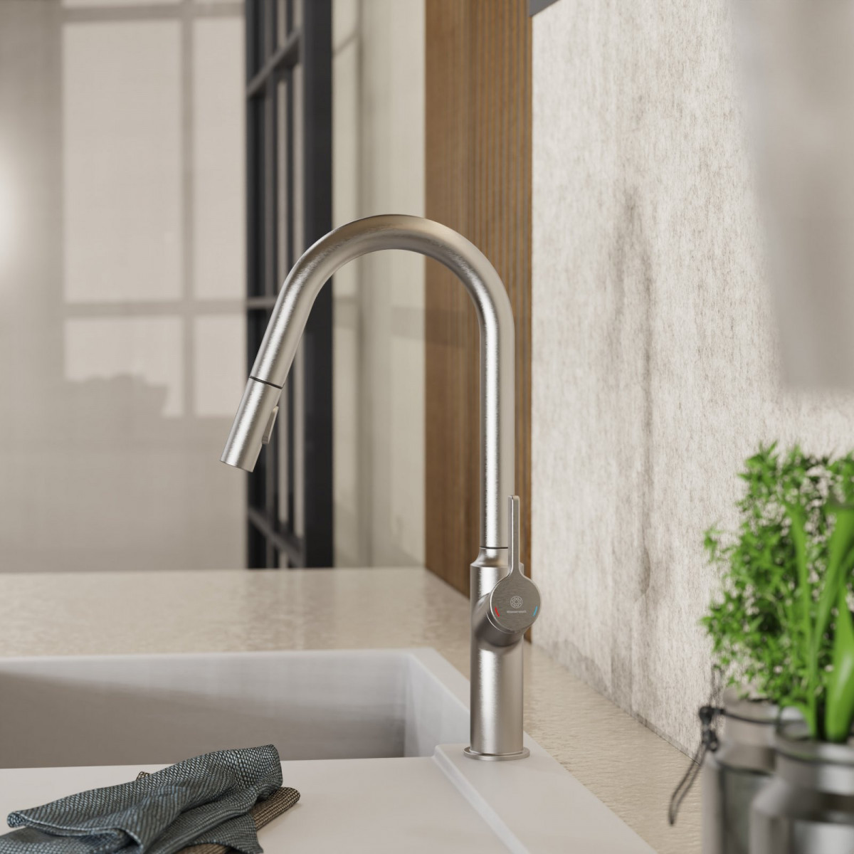 WK 12 in stainless steel look, Kitchen Faucet with curved spout and pull-down spray