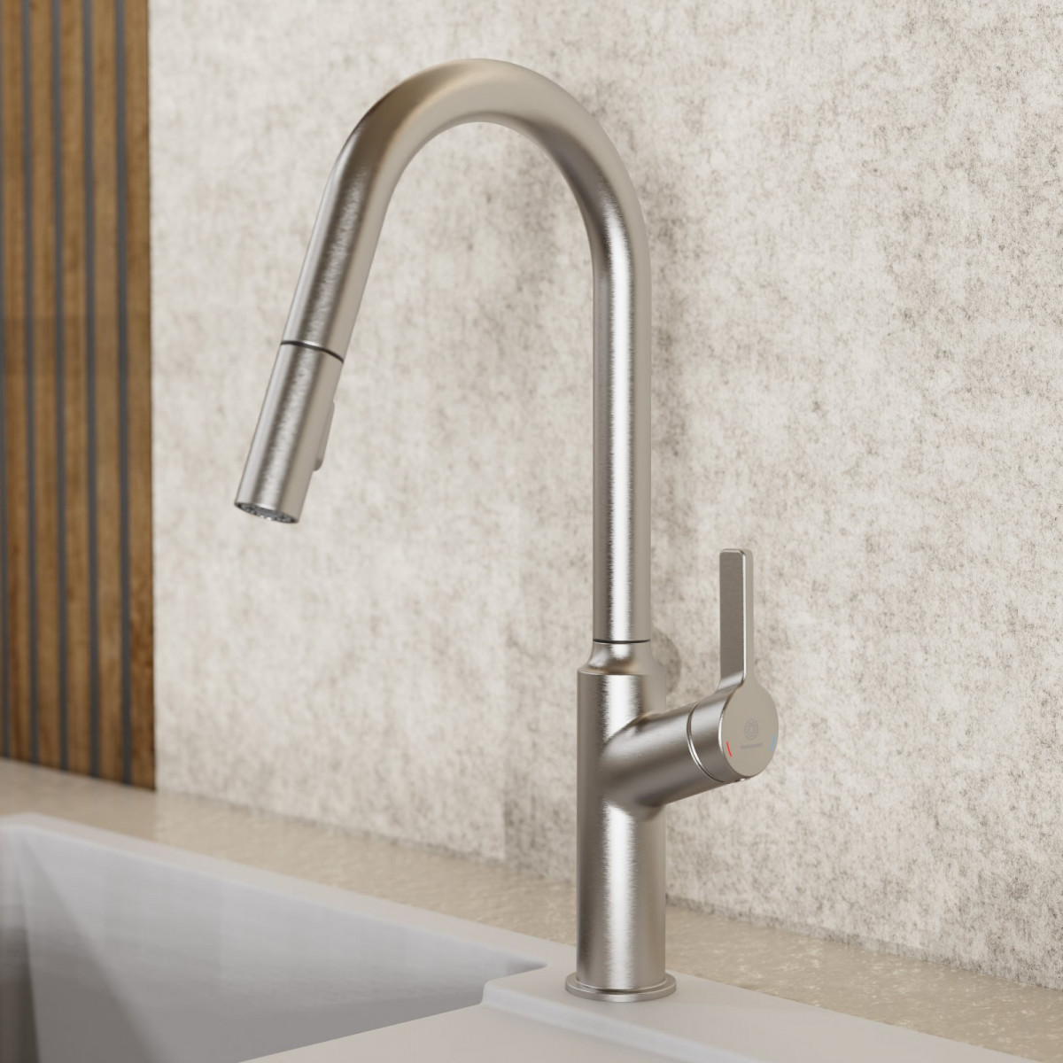 WK 12 in stainless steel look, Kitchen Faucet with curved spout and pull-down spray