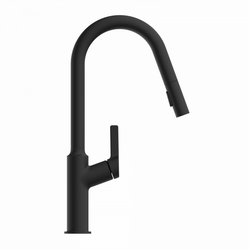 WK 12 in black, Kitchen Faucet with curved spout and pull-down spray