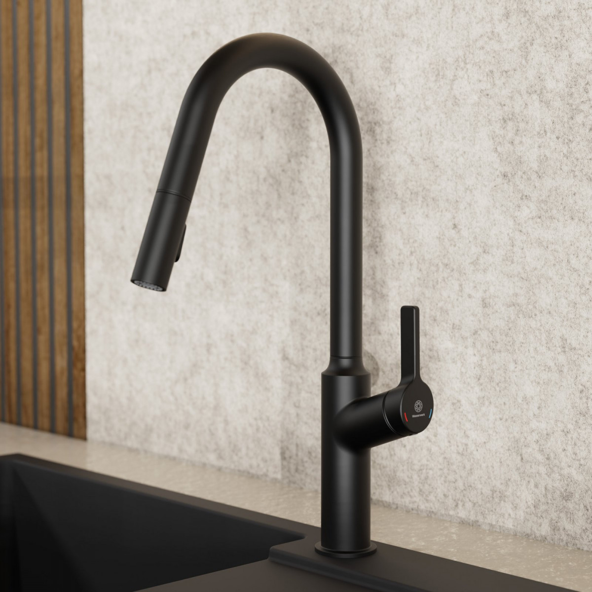 WK 12 in black, Kitchen Faucet with curved spout and pull-down spray