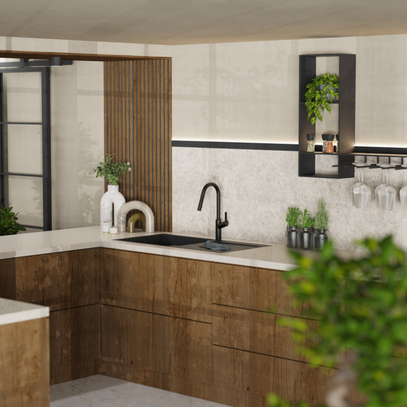 WK 12 in black, Kitchen Faucet with curved spout and pull-down spray