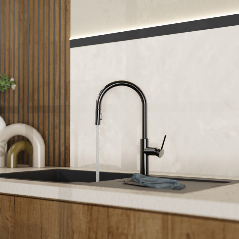 WK 13 Sphere in matte graphite, Kitchen Faucet with arched spout and pull-down spray