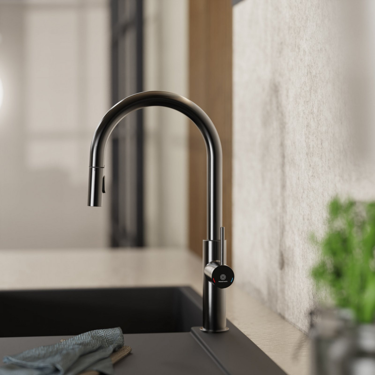 WK 13 Sphere in matte graphite, Kitchen Faucet with arched spout and pull-down spray