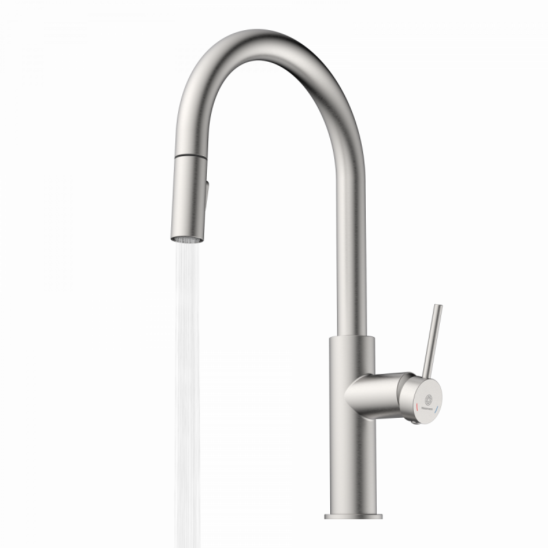 WK 13 Sphere in stainless steel look, Kitchen Faucet with arched spout and pull-down spray