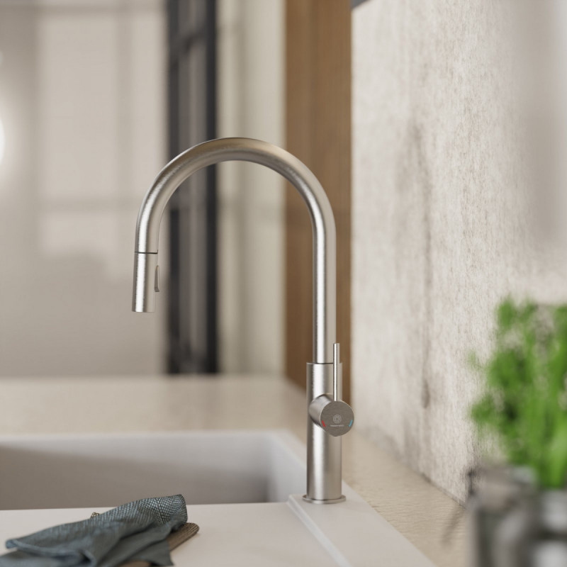 WK 13 Sphere in stainless steel look, Kitchen Faucet with arched spout and pull-down spray