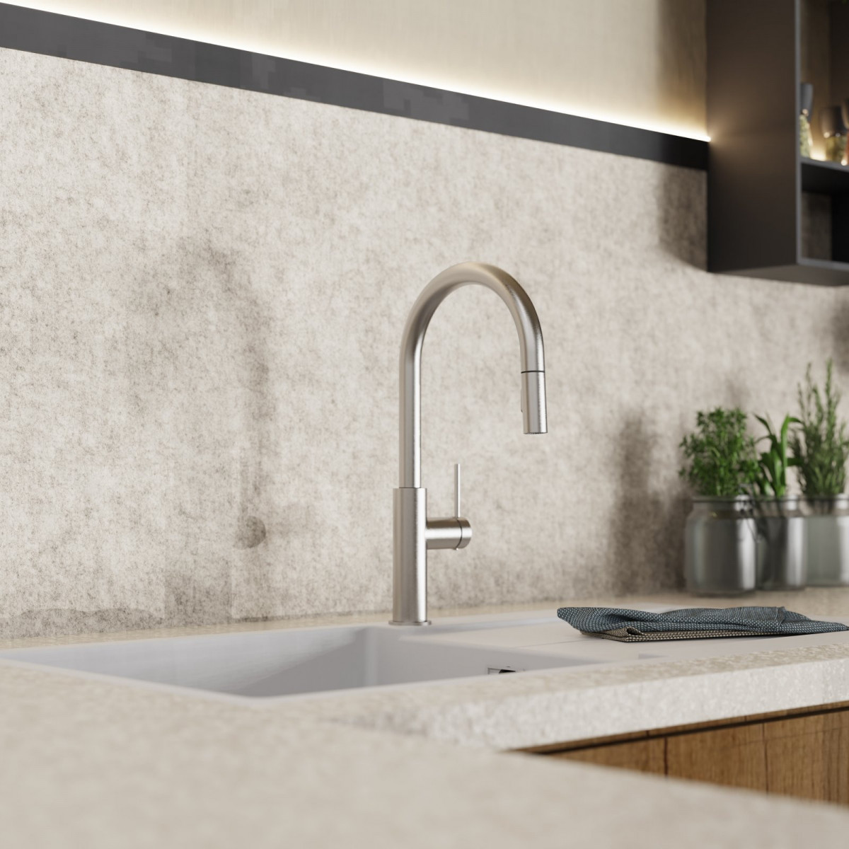 WK 13 Sphere in stainless steel look, Kitchen Faucet with arched spout and pull-down spray