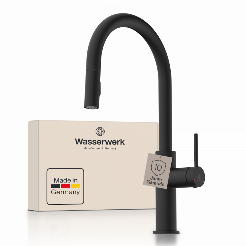 WK 13 Sphere in black, Kitchen Faucet with arched spout and pull-down spray
