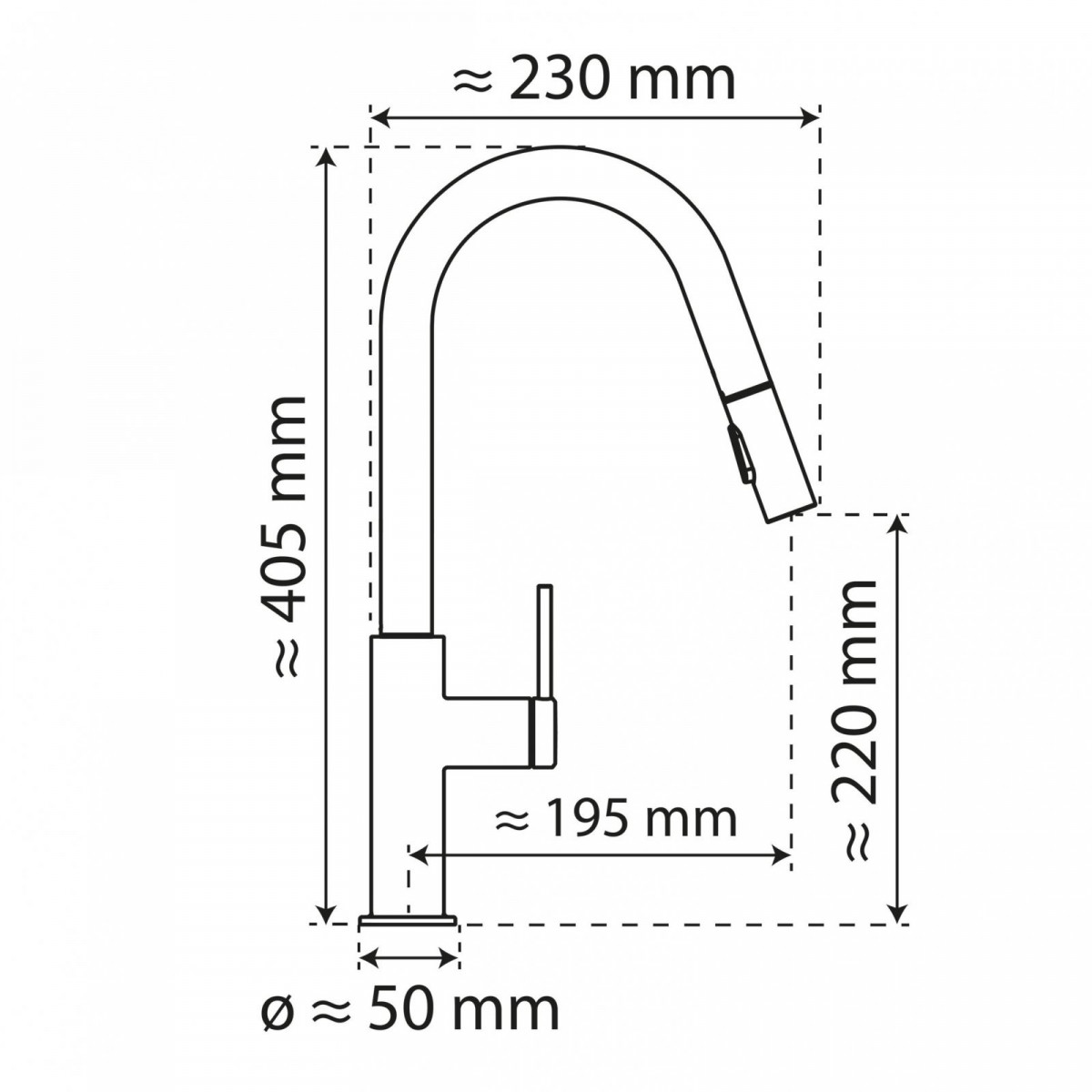 WK 13 Curve in chrome, Kitchen Faucet with curved spout and pull-down spray