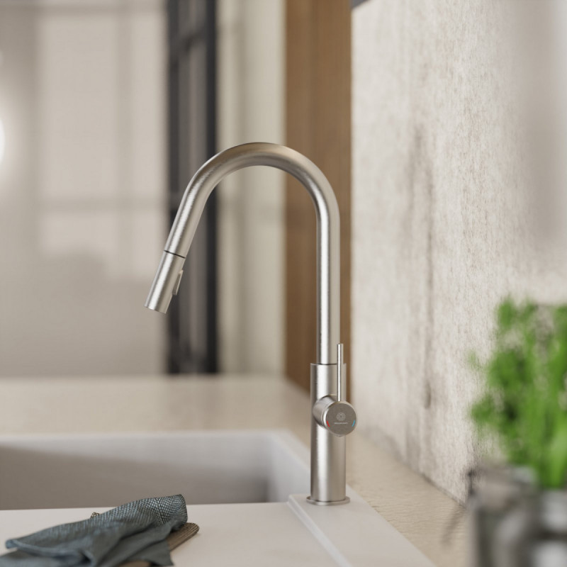 WK 13 Curve in stainless steel look, Kitchen Faucet with curved spout and pull-down spray