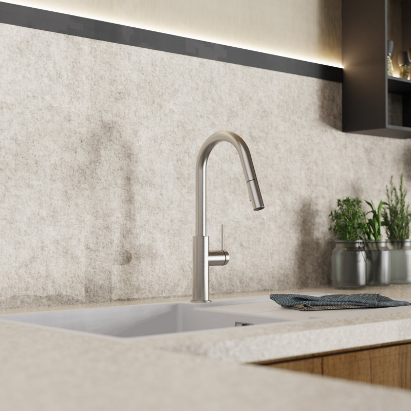 WK 13 Curve in stainless steel look, Kitchen Faucet with curved spout and pull-down spray
