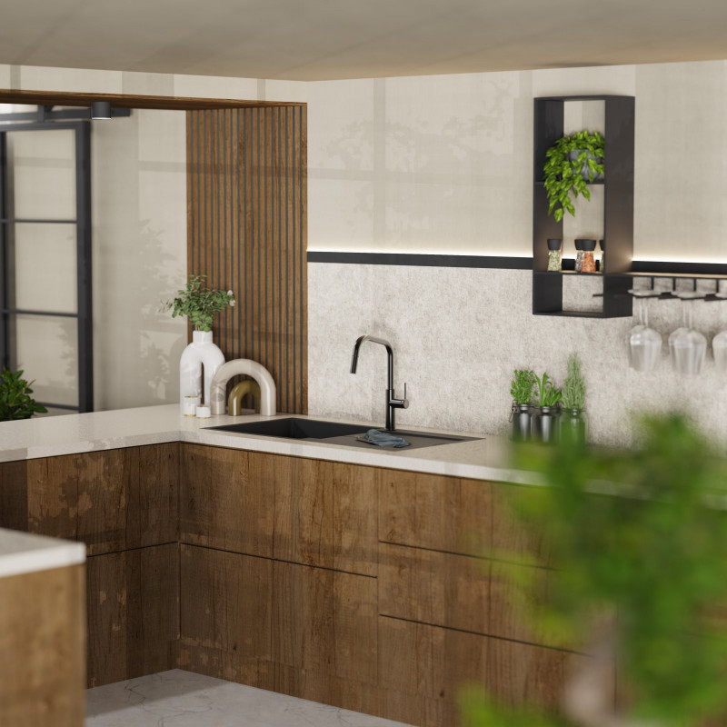 WK 13 Edge in matte graphite, Kitchen Faucet with edged spout and pull-down spray