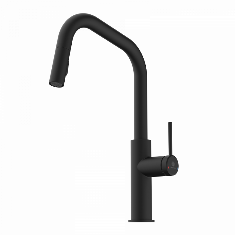 WK 13 Edge in black, Kitchen Faucet with edged spout and pull-down spray