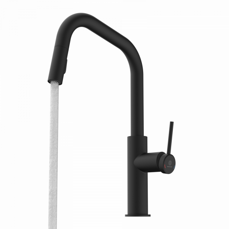 WK 13 Edge in black, Kitchen Faucet with edged spout and pull-down spray