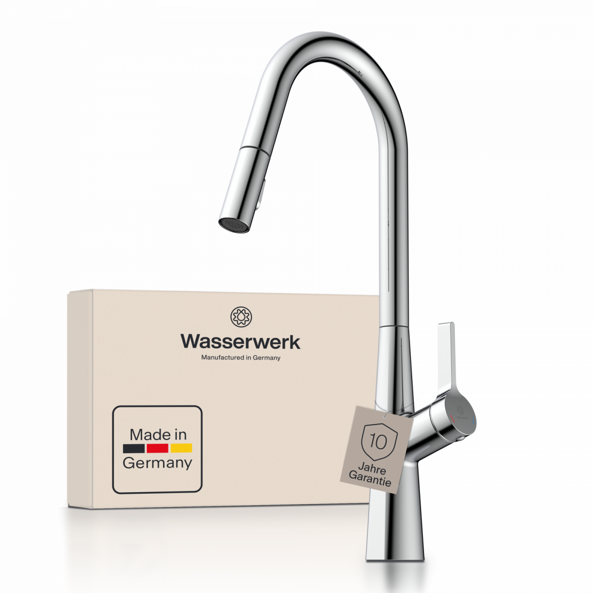 WK 9 Curve in chrome, Kitchen Faucet with curved spout and pull-down spray