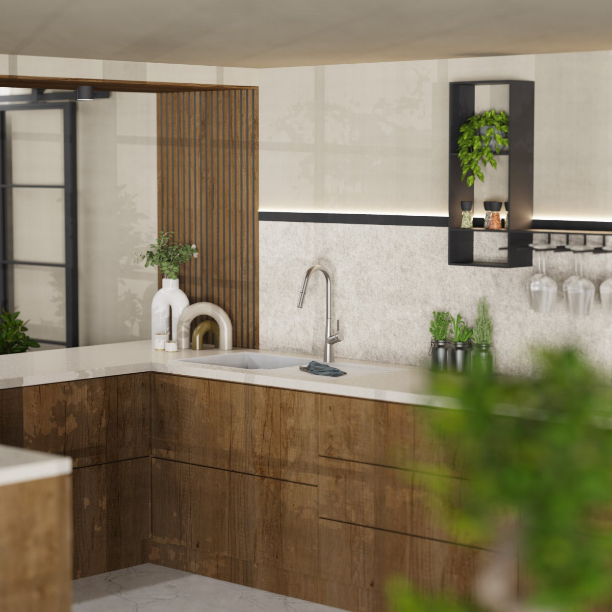 WK 9 Curve en apparence inox, Mitigeur de cuisine avec bec incurvé et douchette