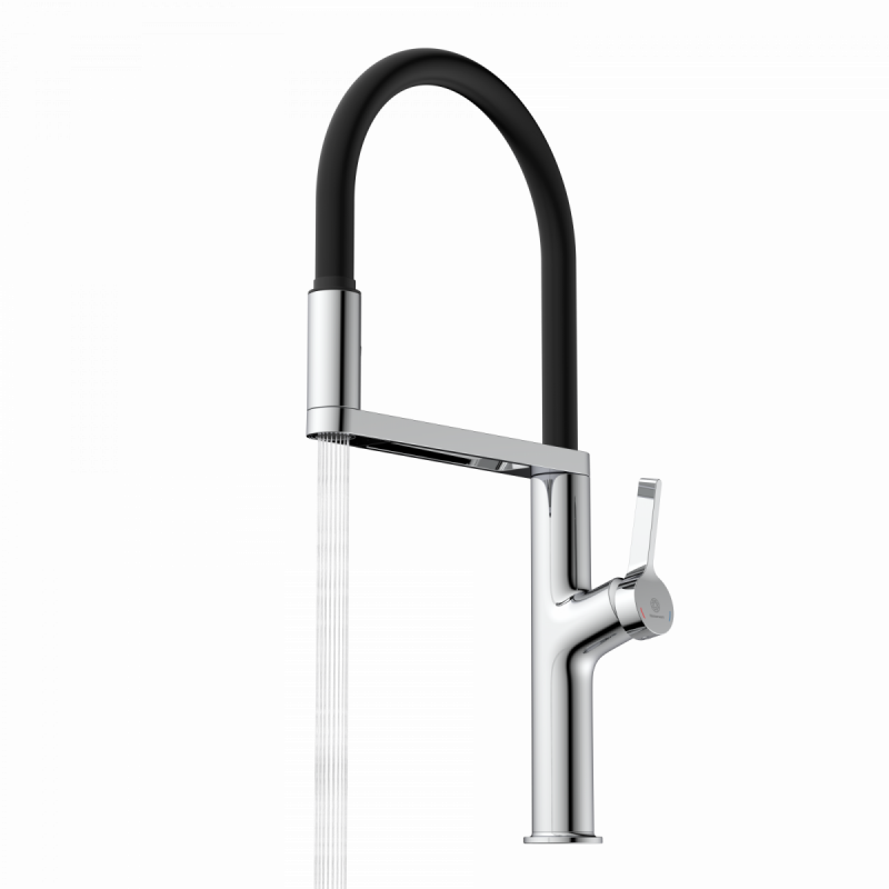 WK 2 en chrome, Mitigeur de cuisine avec tuyau flexible Soft-Touch et douchette