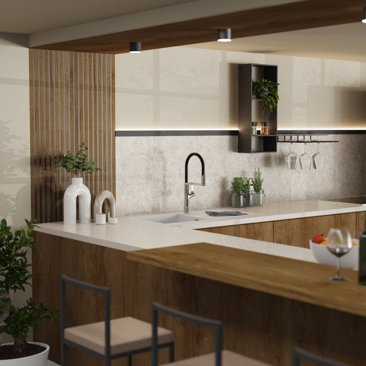 WK 2 en chrome, Mitigeur de cuisine avec tuyau flexible Soft-Touch et douchette