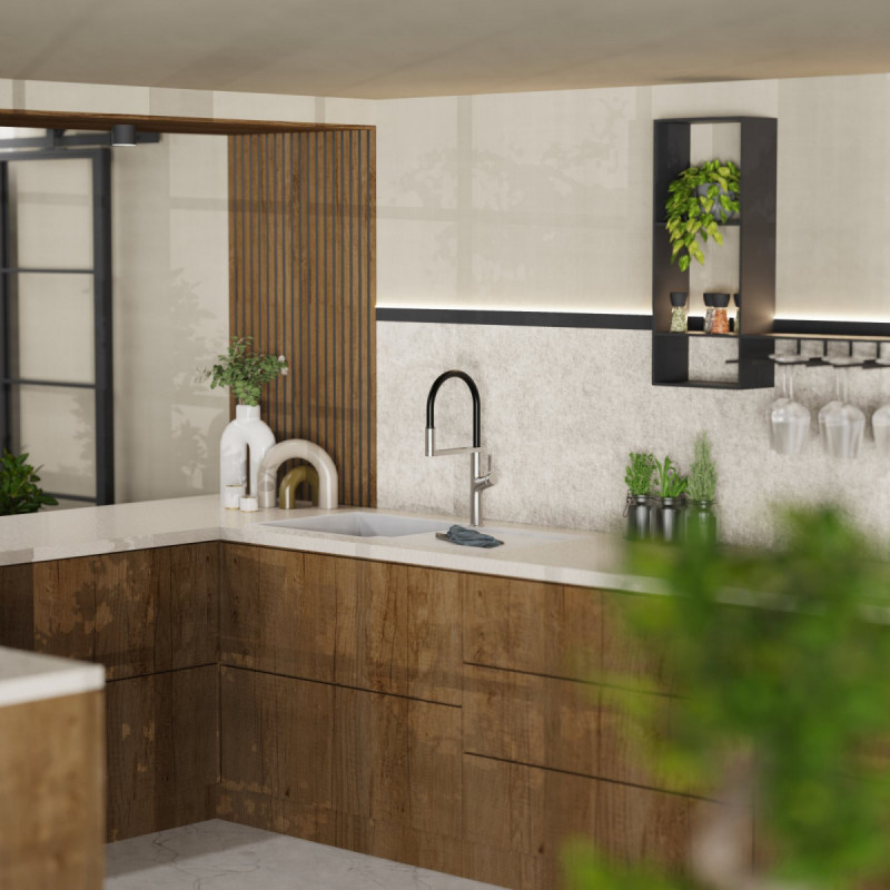 WK 2 en apparence inox, Mitigeur de cuisine avec tuyau flexible Soft-Touch et douchette