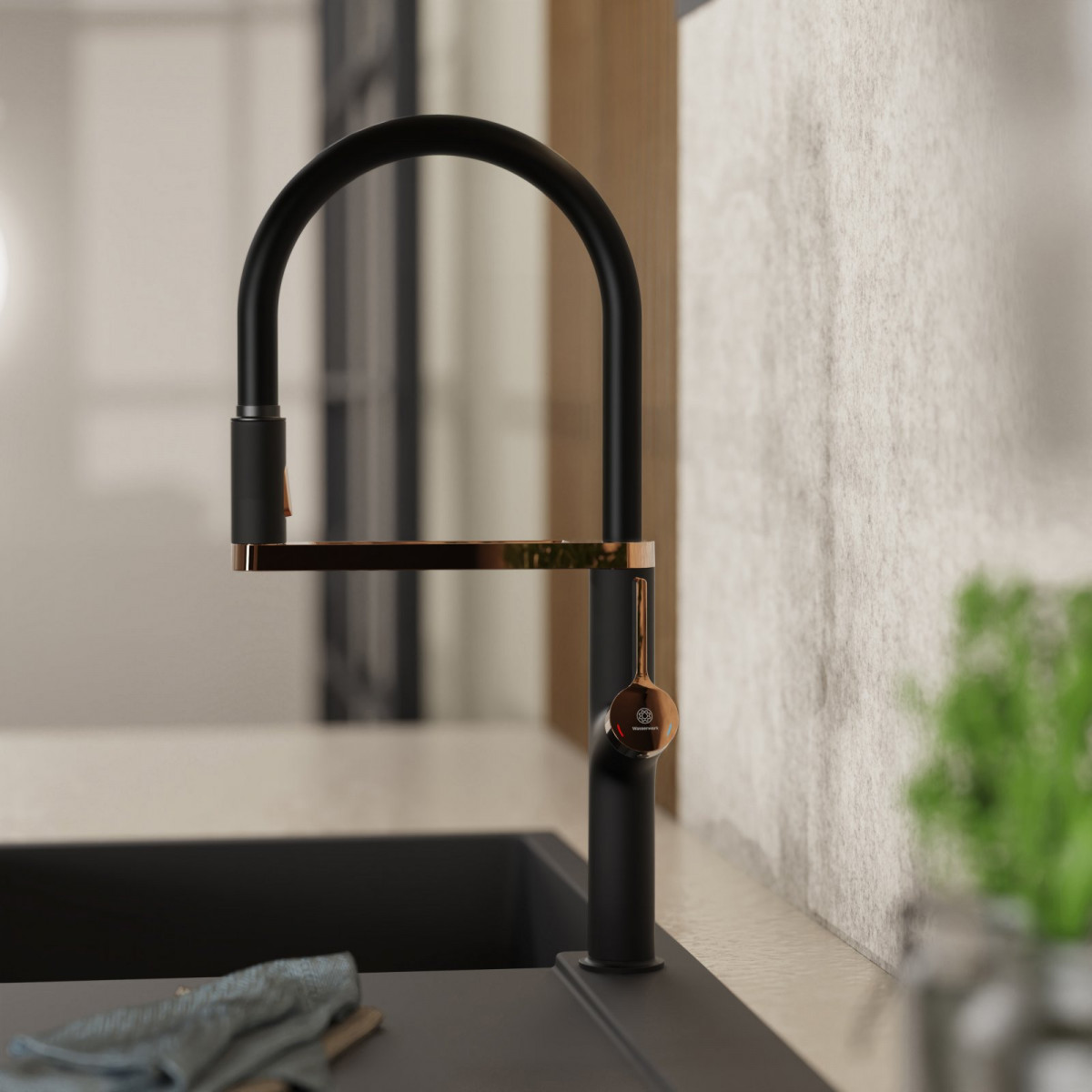 WK 2 in black/rose gold, Kitchen Faucet semi-pro with pull-down soft-touch hose
