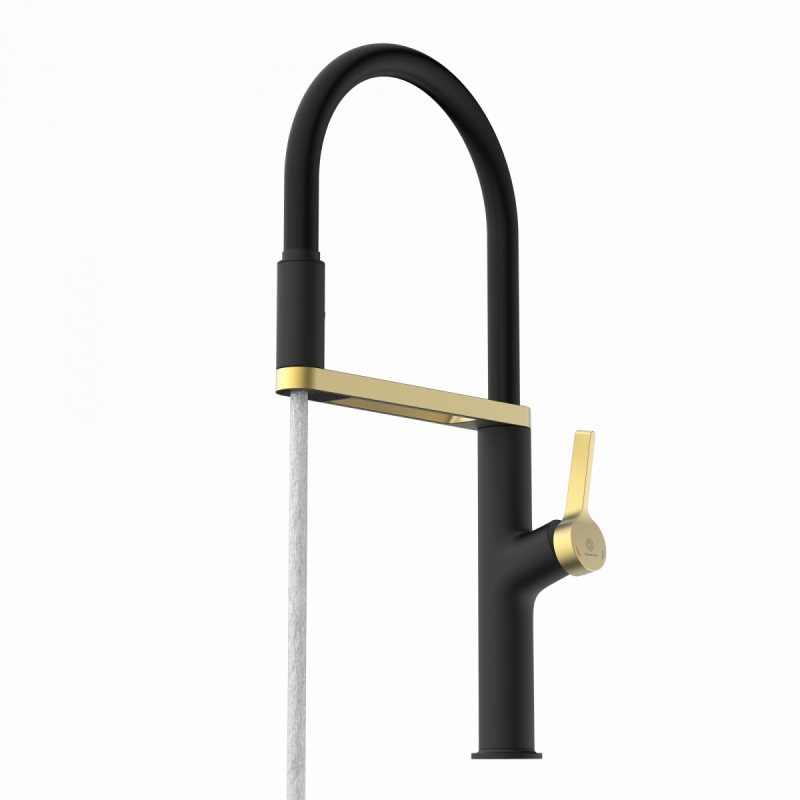 WK 2 en noir/or, Mitigeur de cuisine avec tuyau flexible Soft-Touch et douchette