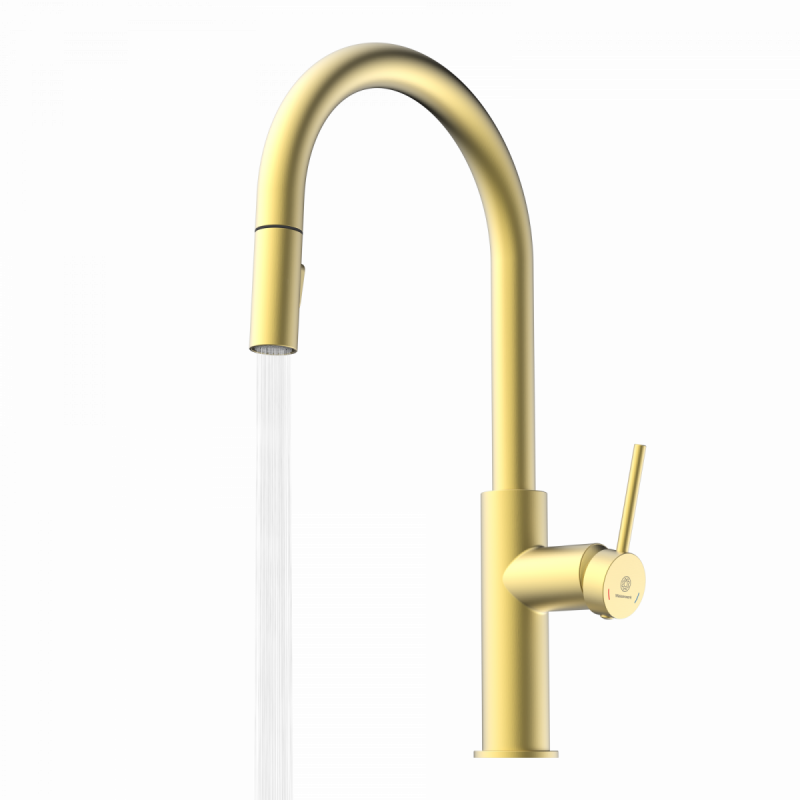 WK 13 Sphere in gold look, Kitchen Faucet with arched spout and pull-down spray