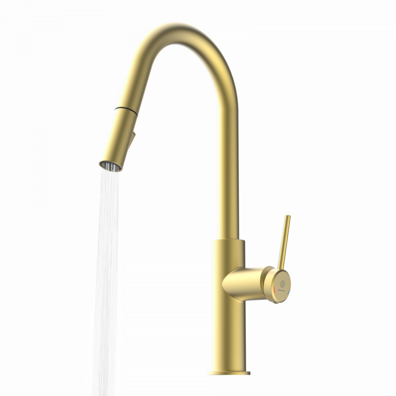 WK 13 Curve in gold look, Kitchen Faucet with curved spout and pull-down spray