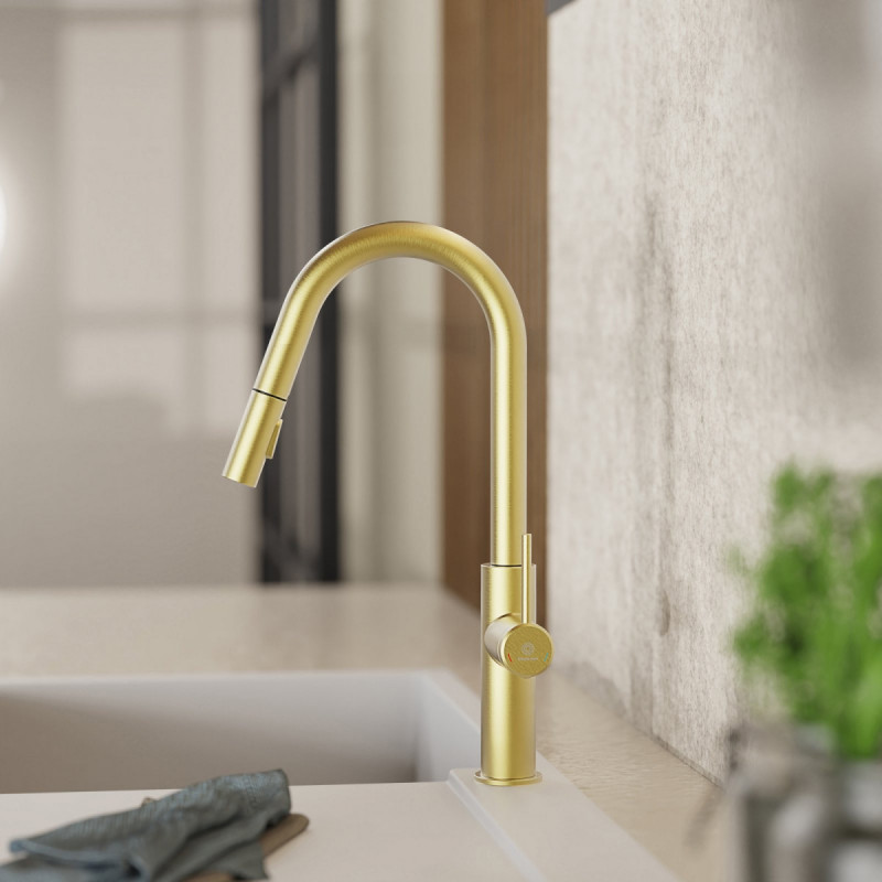 WK 13 Curve in gold look, Kitchen Faucet with curved spout and pull-down spray