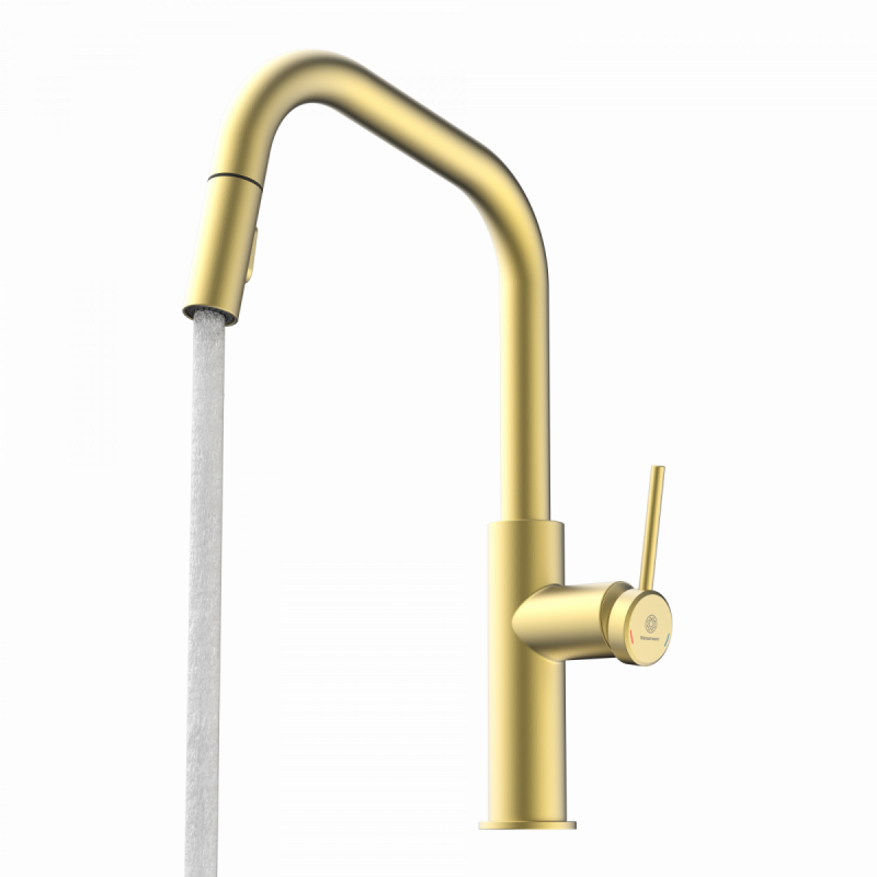 WK 13 Edge in gold look, Kitchen Faucet with edged spout and pull-down spray