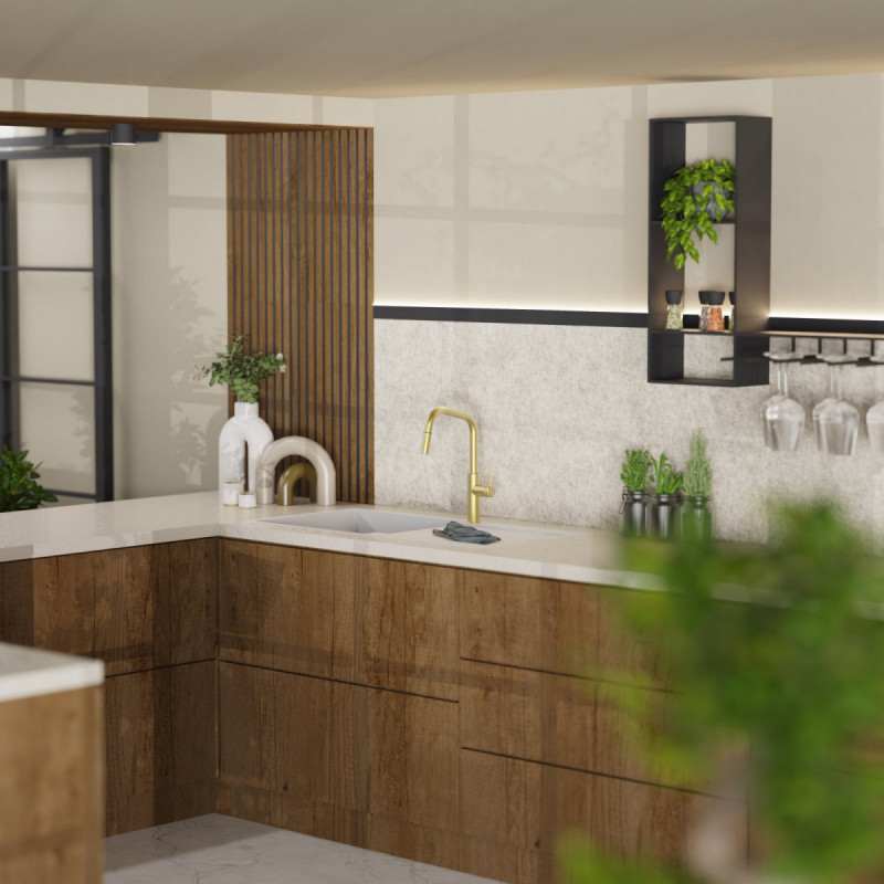 WK 13 Edge in goudkleurige look, Keukenkraan met hoekige uitloop en uittrekbare sproeier