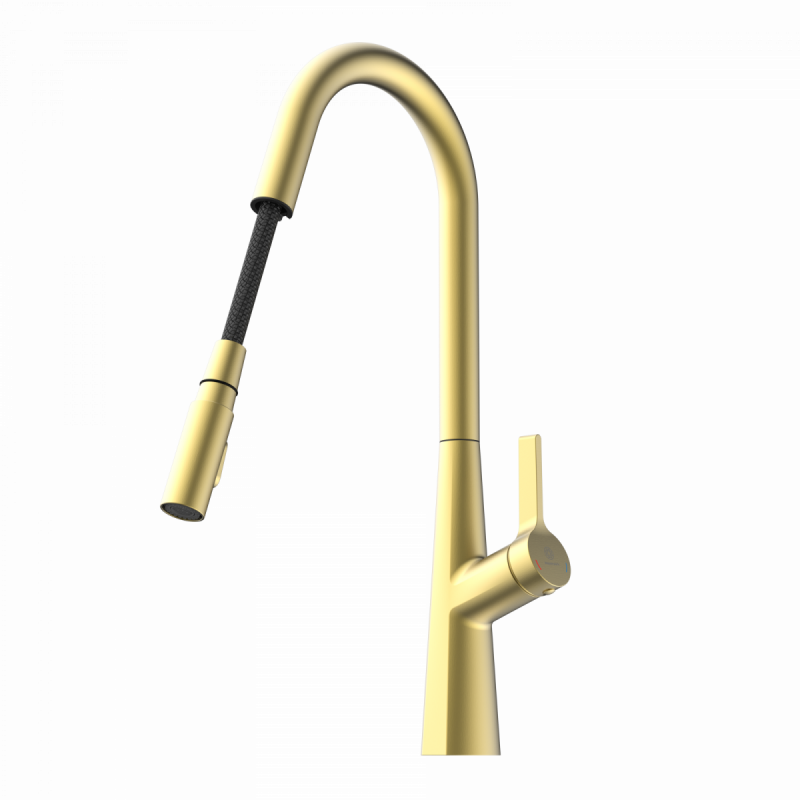 WK 9 Curve in gold look, Kitchen Faucet with curved spout and pull-down spray