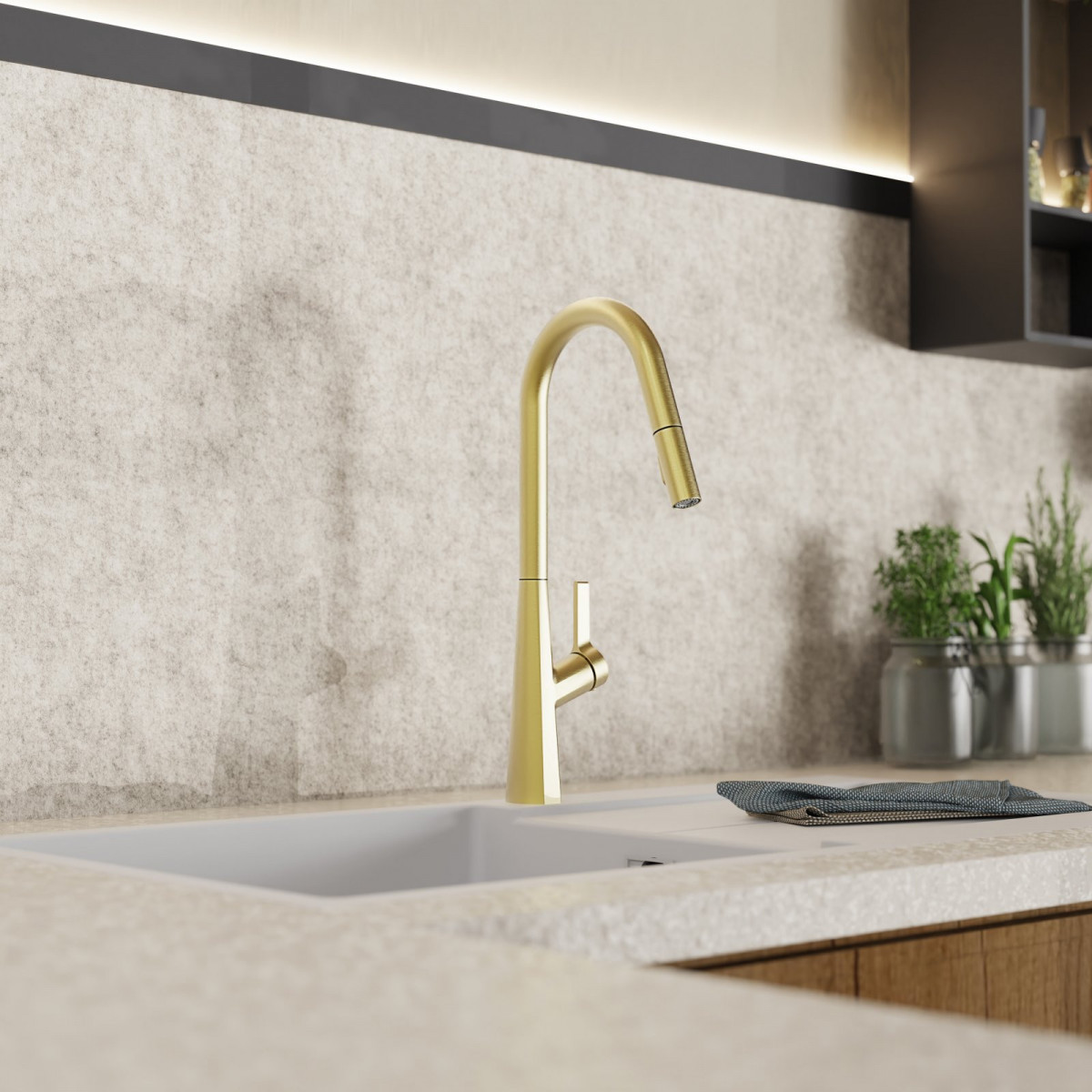 WK 9 Curve in gold look, Kitchen Faucet with curved spout and pull-down spray