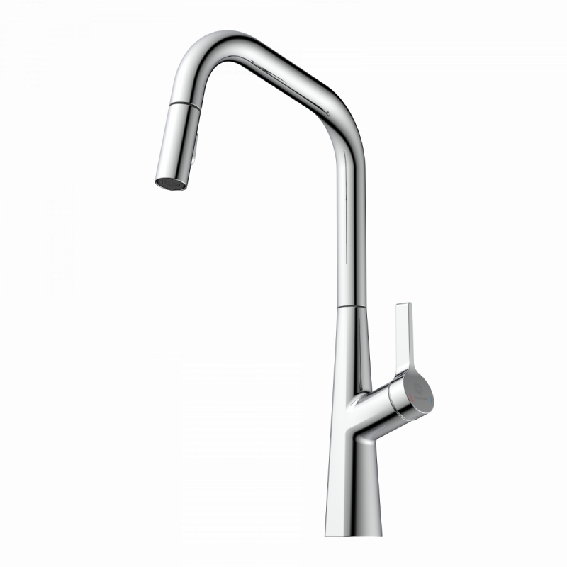 WK 9 Edge in chrome, Kitchen Faucet with edged spout and pull-down spray