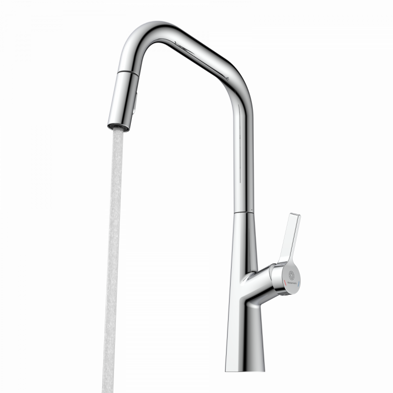 WK 9 Edge in chrome, Kitchen Faucet with edged spout and pull-down spray
