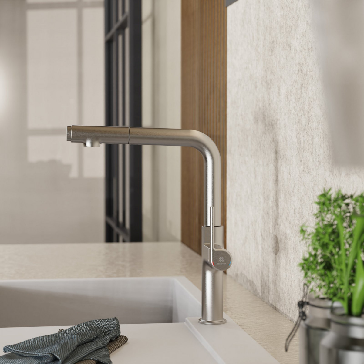 WK 11 in stainless steel look, Kitchen Faucet with straight spout and pull-out spray