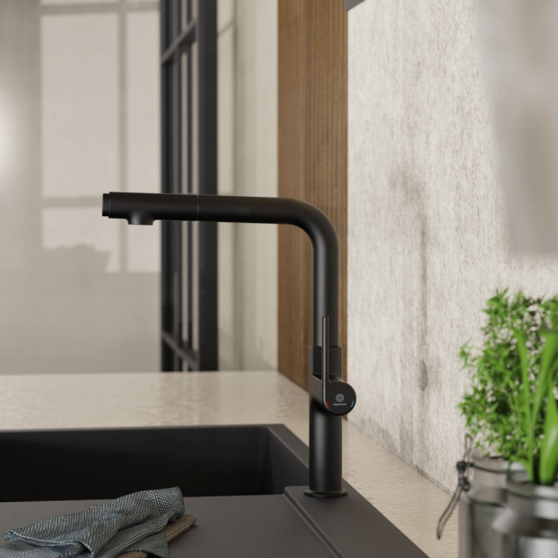 WK 11 in black, Kitchen Faucet with straight spout and pull-out spray