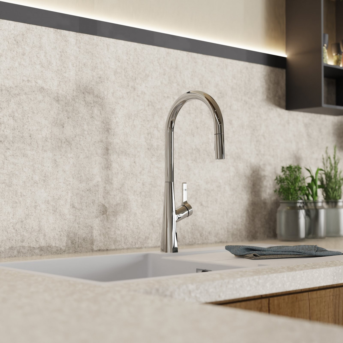 WK 9 Sphere in chrome, Kitchen Faucet with arched spout and pull-out spray