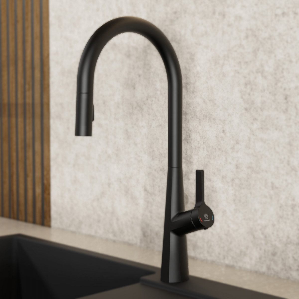 WK 9 Sphere in black, Kitchen Faucet with arched spout and pull-out spray