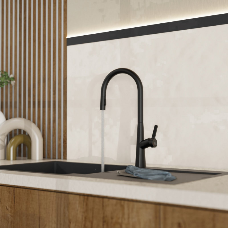 WK 9 Sphere in black, Kitchen Faucet with arched spout and pull-out spray