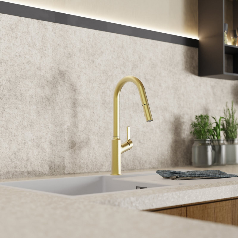 WK 12 in gold look, Kitchen Faucet with curved spout and pull-down spray