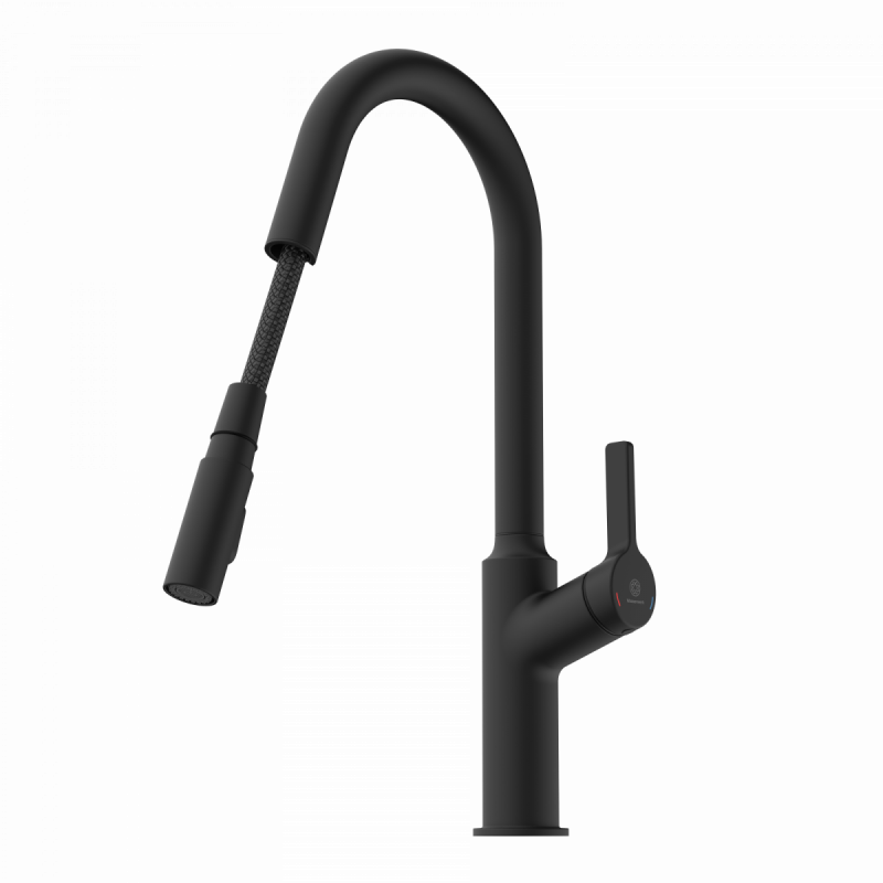 WK 12 in black, Kitchen Faucet with curved spout and pull-down spray