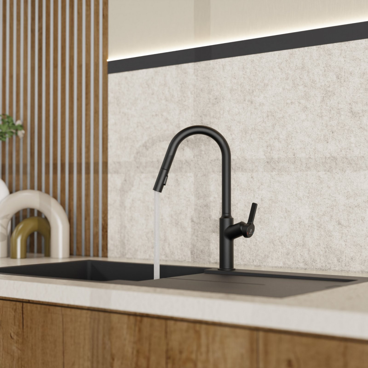 WK 12 in black, Kitchen Faucet with curved spout and pull-down spray