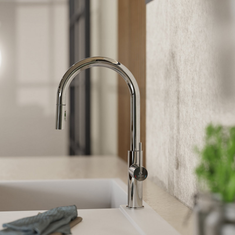 WK 13 Sphere in chrome, Kitchen Faucet with arched spout and pull-down spray